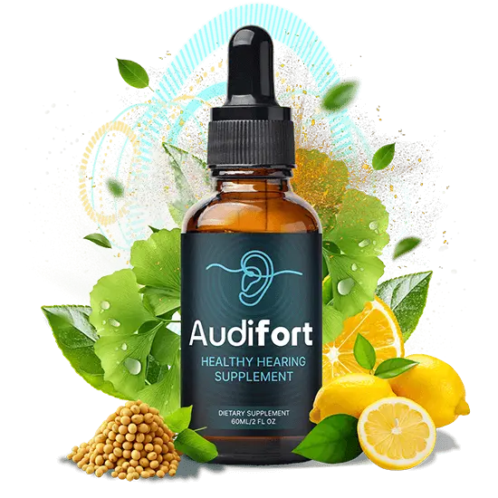 Audifort bottle with its key ingredients: maca root, grape seed, green tea, capsicum, gymnema and GABA