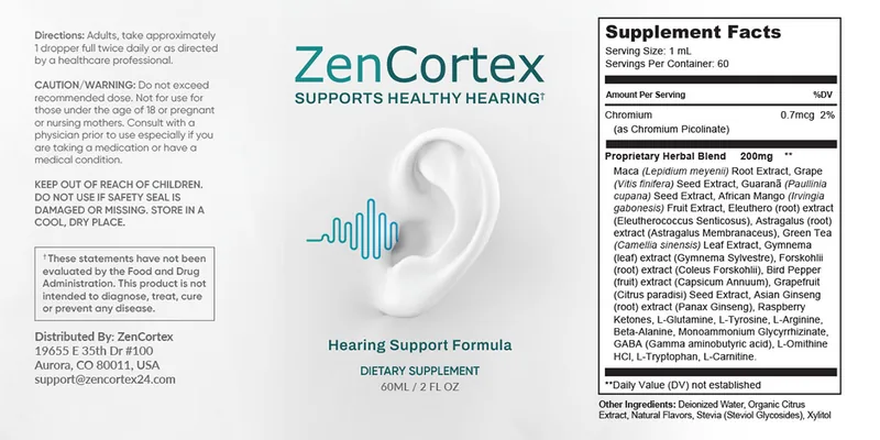 ZenCortex Supplement Facts panel showing a 200 mg proprietary blend of 22 ingredients and 0.7 mcg of chromium