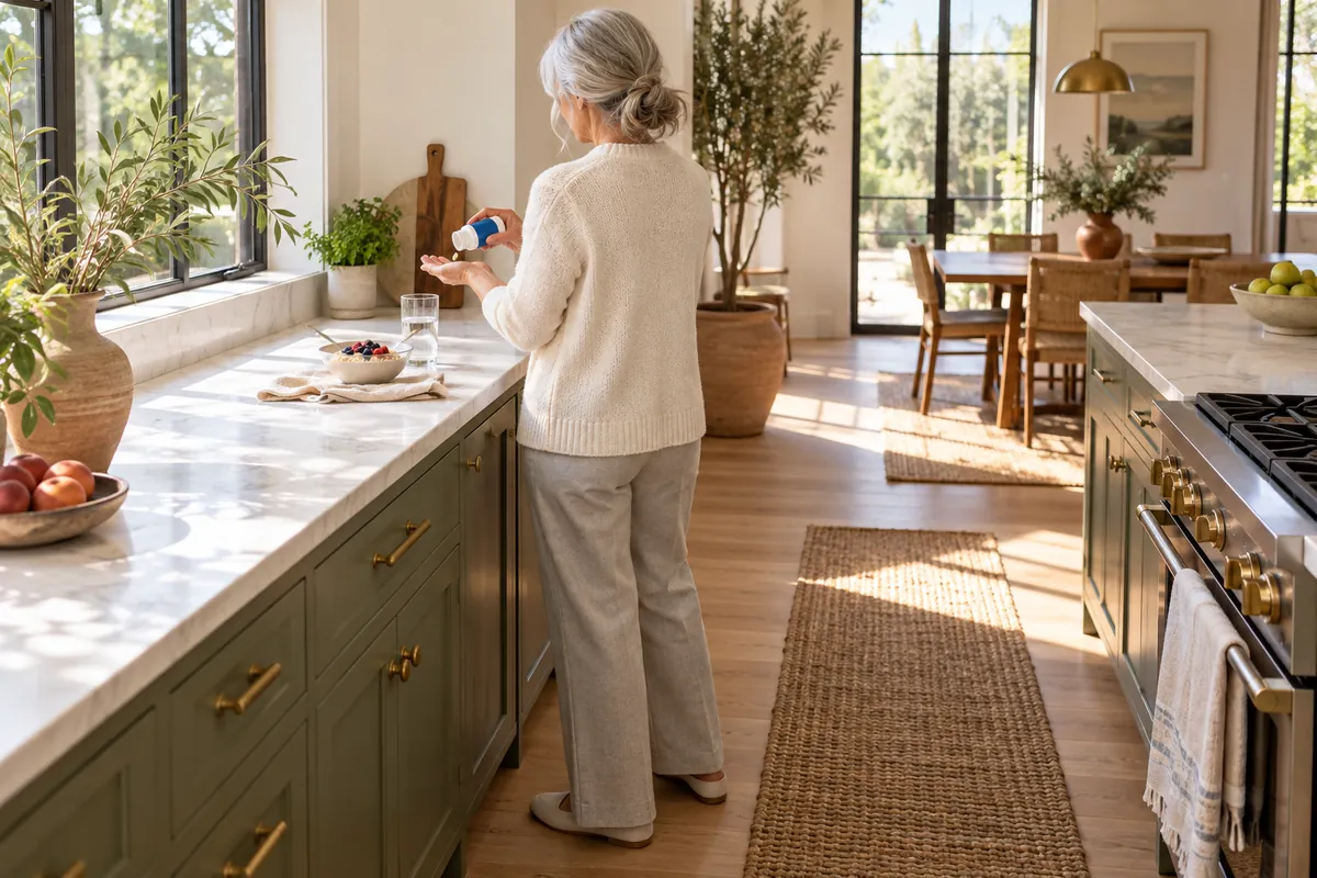 Older adult seen from behind at a bright kitchen counter placing a capsule in the palm of one hand, glass of water and breakfast beside it