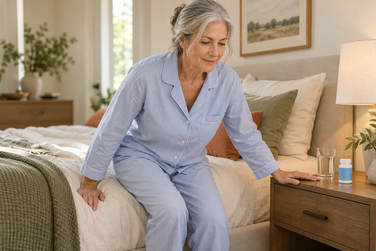 Woman in her sixties in pajamas standing up slowly from the edge of the bed in morning light, one hand on the nightstand next to a glass of water and a supplement bottle