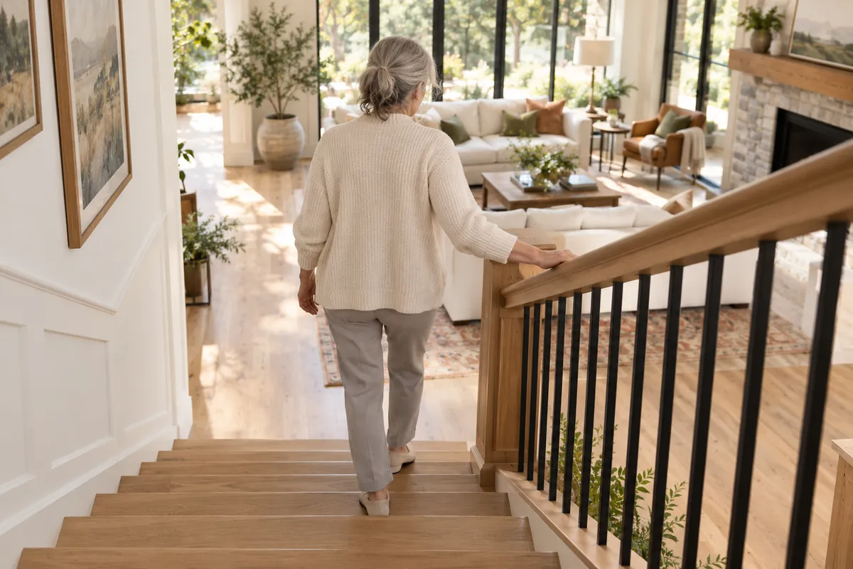 Older adult seen from behind walking down a wooden staircase at home, one hand firmly on the handrail, morning light