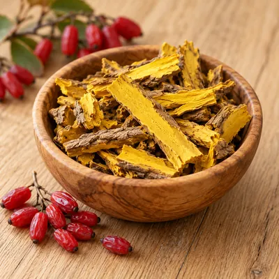 Dried barberry root, a natural source of berberine, with a few red barberries