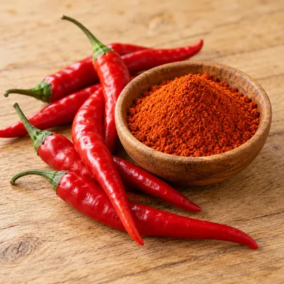 Red cayenne peppers, whole and ground