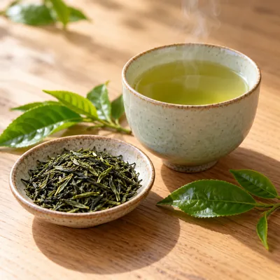 Fresh green tea leaves and a cup of brewed green tea