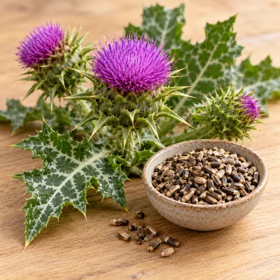 Milk thistle plant with purple flower head