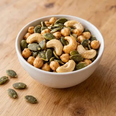 Zinc-rich foods: pumpkin seeds, cashews and chickpeas in a bowl