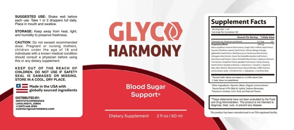 Glyco Harmony Supplement Facts label showing chromium 0.7 mcg and a 200 mg proprietary blend of 22 ingredients