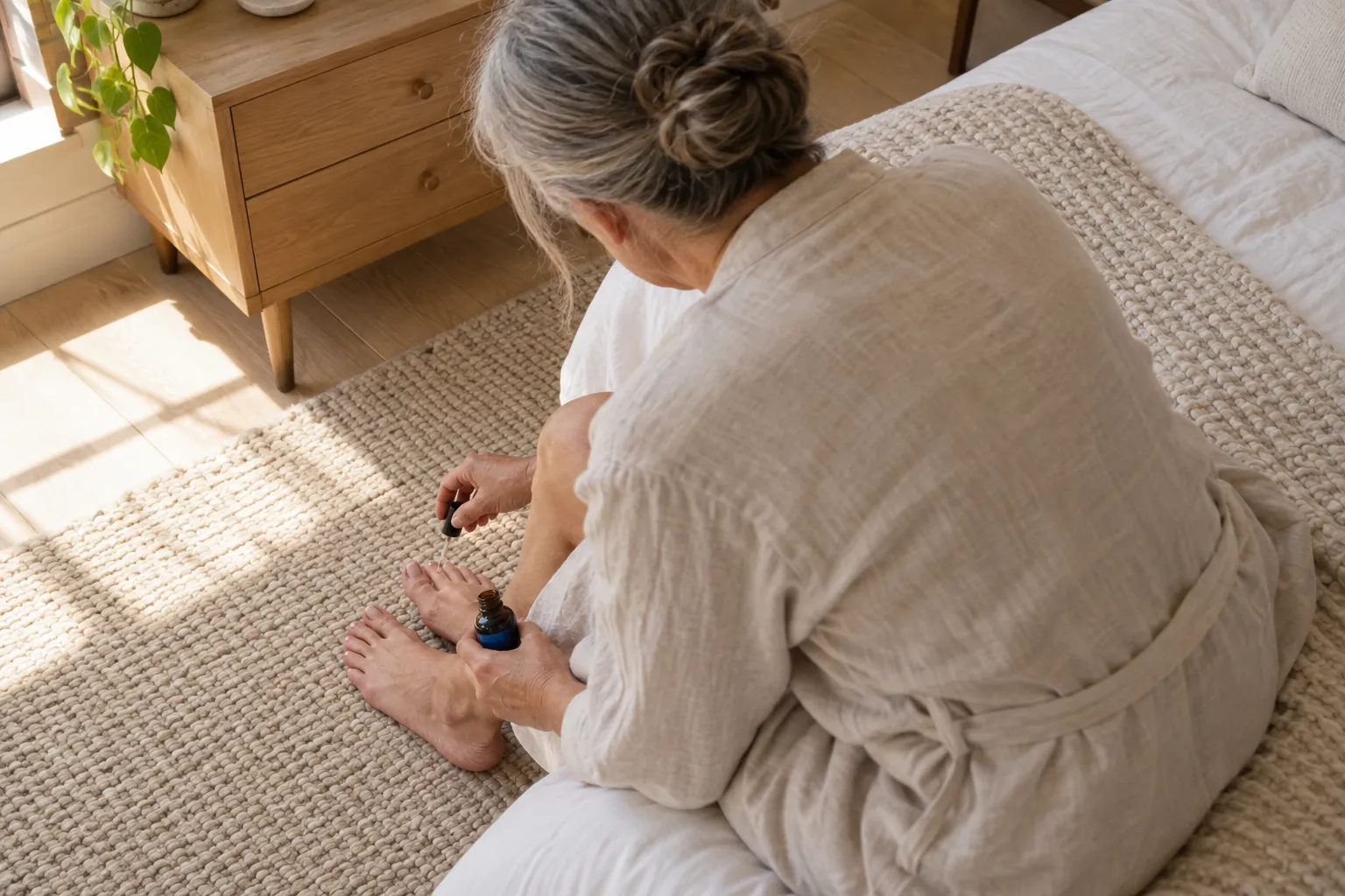 Woman sitting on the edge of her bed applying Kerassentials-style nail oil to her toenail with the cap brush