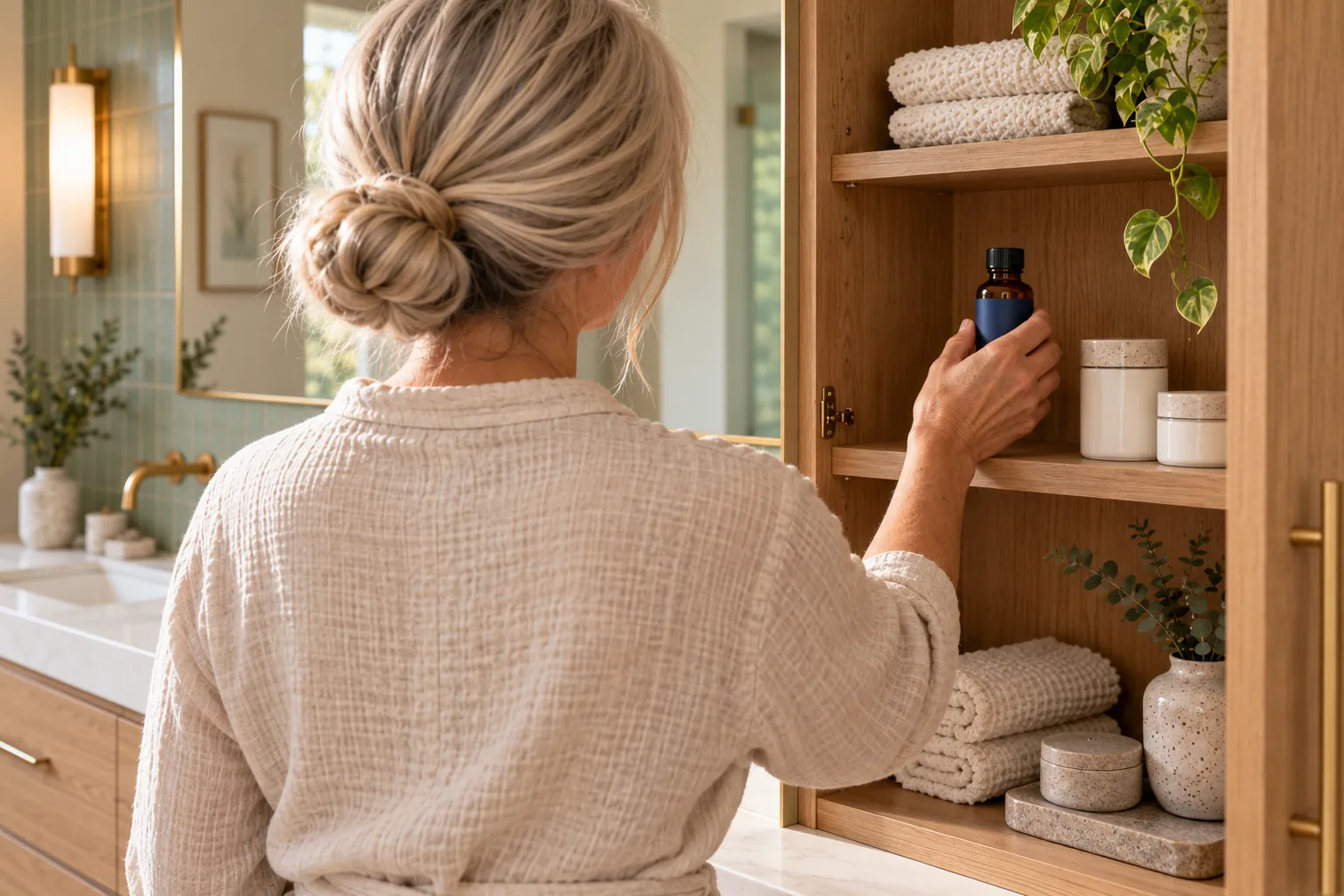 Woman placing a small Kerassentials-style bottle on an organized bathroom shelf