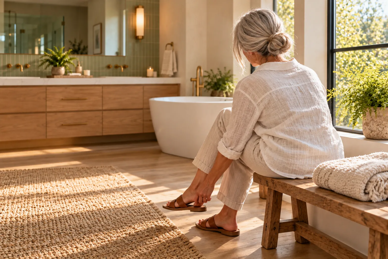 Woman sitting by a bathroom window slipping into comfortable sandals