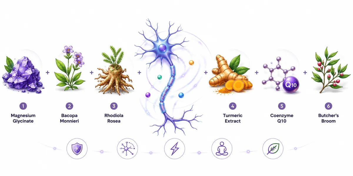 NervoLyn official ingredient infographic listing magnesium glycinate, bacopa monnieri, rhodiola rosea, turmeric, CoQ10 and butcher's broom