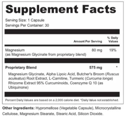 NervoLyn Supplement Facts label showing magnesium 80 mg and a 575 mg proprietary blend of magnesium glycinate, alpha lipoic acid, butcher's broom, L-carnitine, turmeric and CoQ10