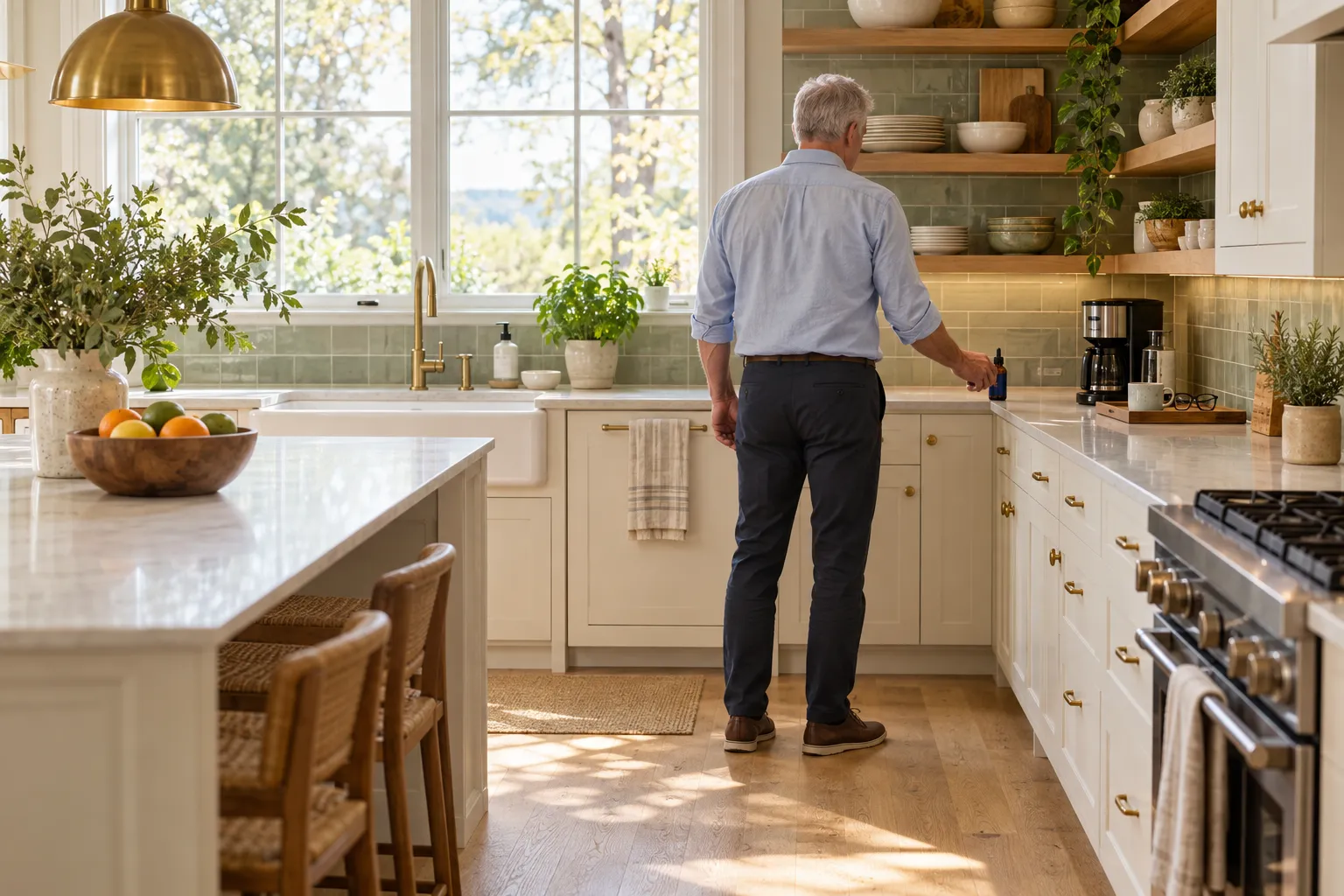 Man placing a small amber dropper bottle on the kitchen counter beside the coffee maker