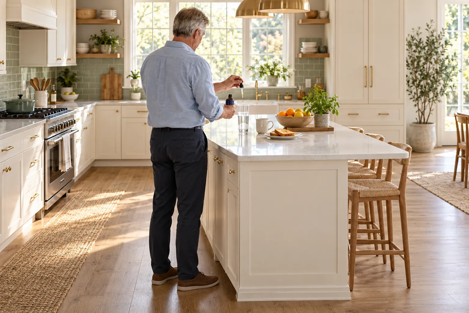 Man at his kitchen island adding two droppers from a small amber bottle to a glass of water at breakfast
