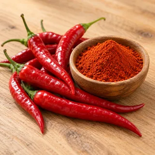 Fresh red cayenne peppers with a small bowl of ground cayenne
