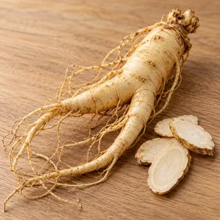 Whole fresh ginseng root with thin rootlets and dried slices