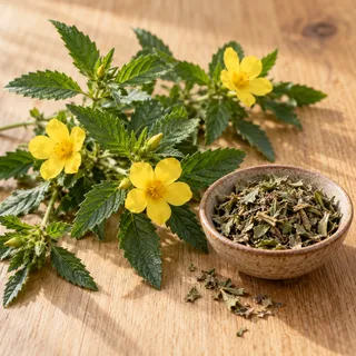 Damiana sprigs with small serrated leaves and yellow flowers