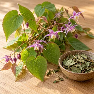 Epimedium stems with heart-shaped leaves and small purple flowers