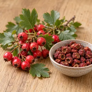 Hawthorn sprig with bright red berries and a small bowl of dried hawthorn