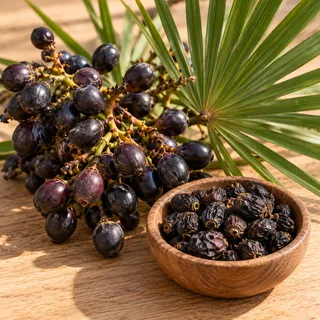 Dark saw palmetto berries on the branch with a fan-shaped palm leaf and a bowl of dried berries