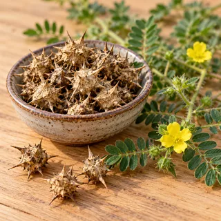 Dried spiky tribulus terrestris fruits in a ceramic bowl with a sprig of the plant