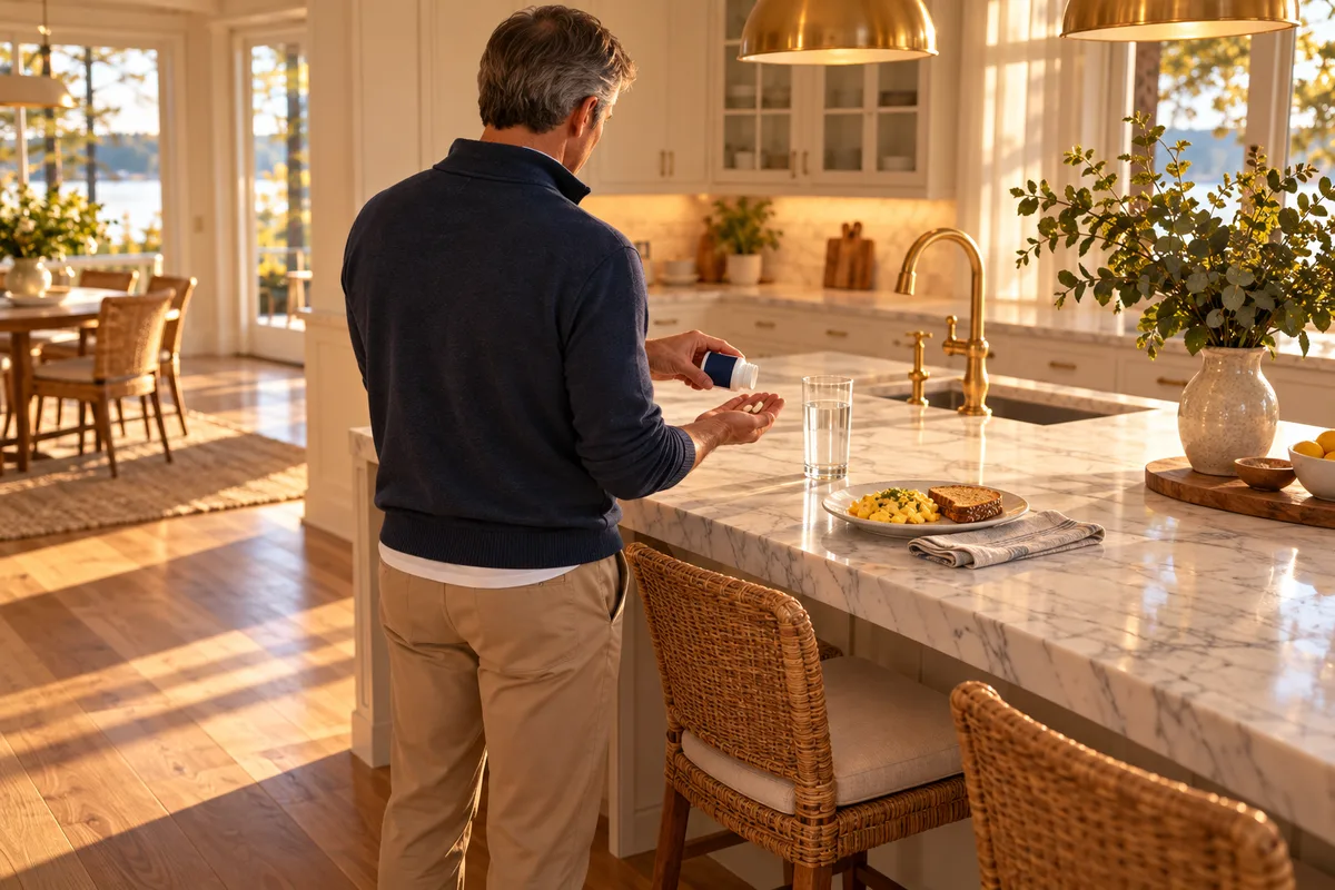 Man seen from behind at a kitchen island tipping two capsules from a plain white bottle into his palm, a glass of water and a breakfast plate beside his hand