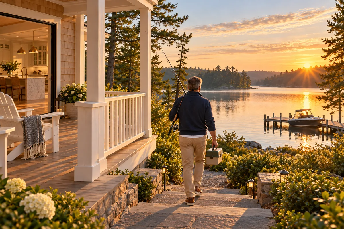Man seen from behind walking down lake house porch steps in the morning sun with a fishing rod over his shoulder