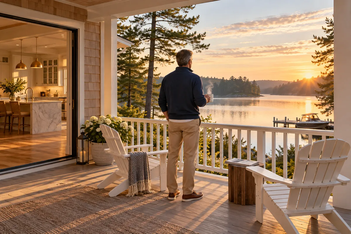 Man seen from behind on a lake house porch at sunrise, holding a mug of coffee and looking at the water