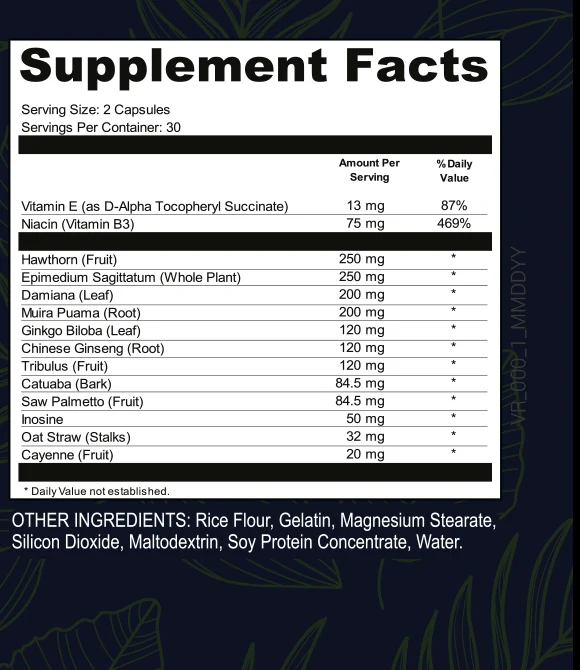 ProtoFlow Supplement Facts panel listing 14 ingredients with doses per two-capsule serving