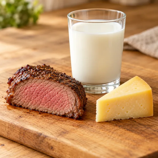 Acetyl-L-carnitine capsules beside red meat and dairy, its natural sources