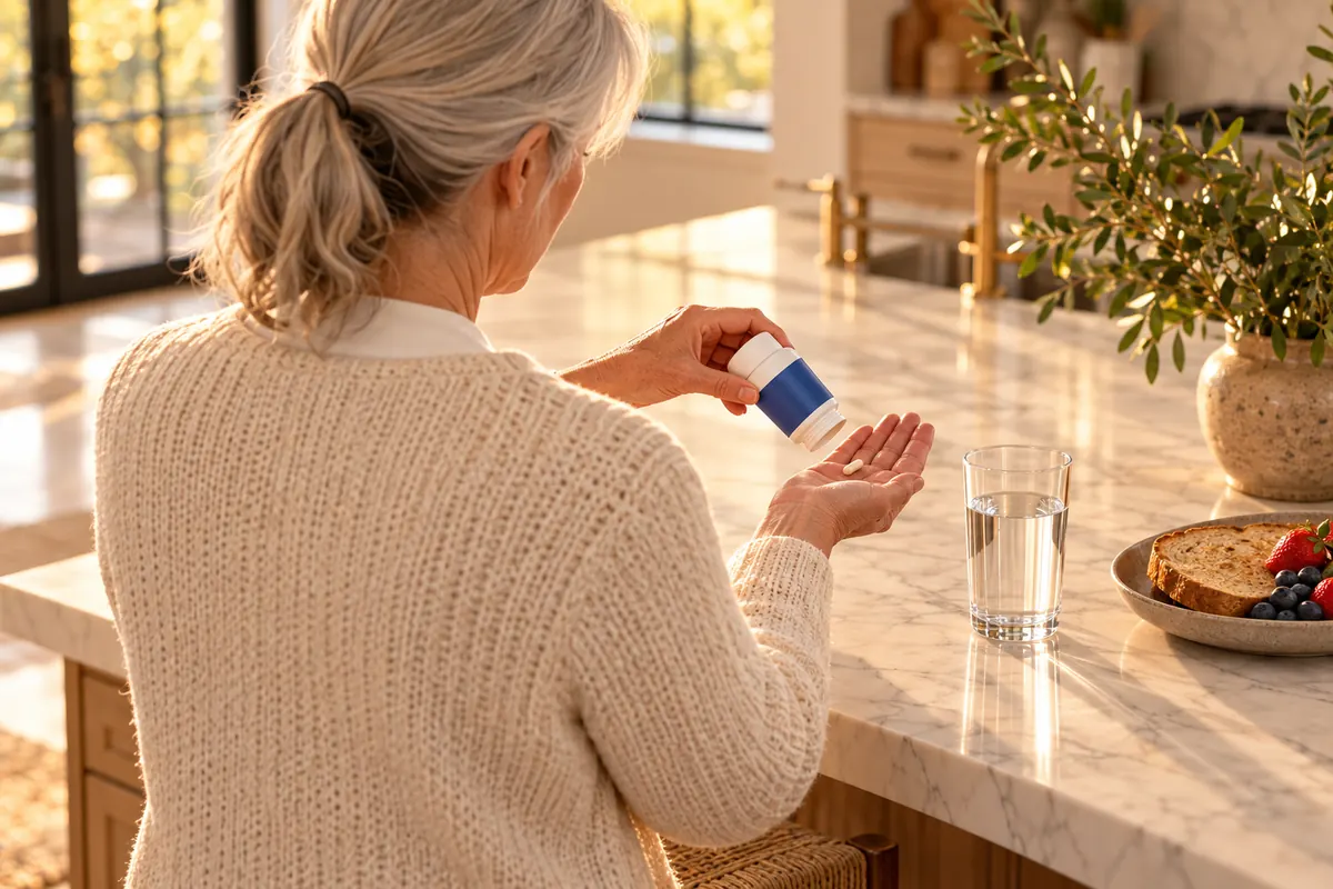 Adult over 50 seen from behind at a bright kitchen counter, one capsule in the palm of the hand, glass of water and supplement bottle beside breakfast