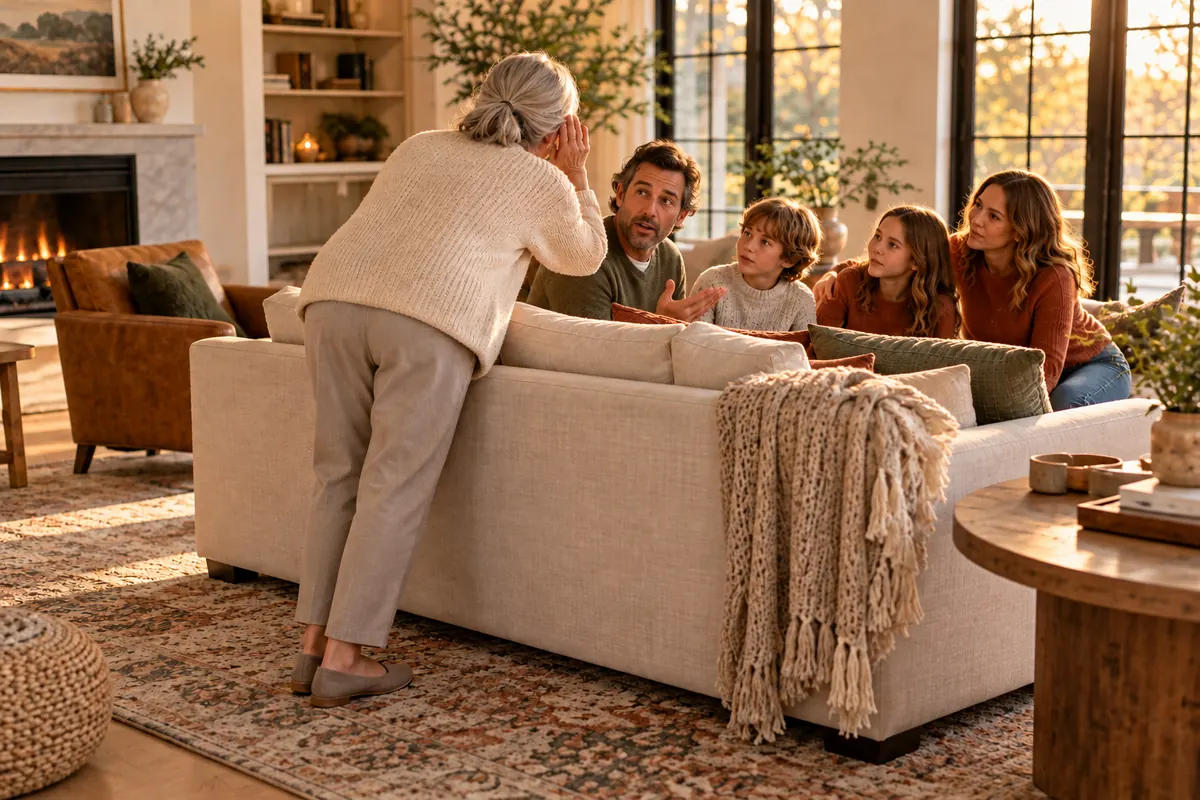 Adult over 50 seen from behind, leaning over the back of a living room sofa with a hand cupped behind the ear while a family member repeats what he just said, warm late-afternoon light
