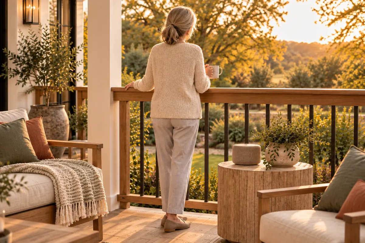 Adult over 50 seen from behind on a covered porch at golden hour, mug in hand, a small wireless speaker on the side table beside her