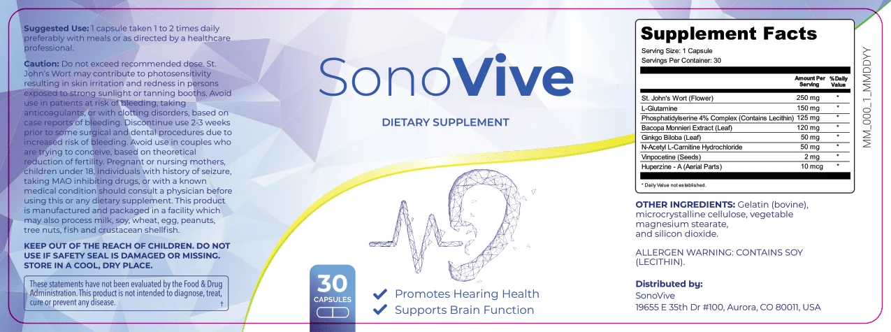 SonoVive Supplement Facts panel: St. John's Wort 250 mg, L-Glutamine 150 mg, Phosphatidylserine 4% complex 125 mg, Bacopa Monnieri 120 mg, Ginkgo Biloba 50 mg, N-Acetyl L-Carnitine HCl 50 mg, Vinpocetine 2 mg, Huperzine-A 10 mcg; contains soy