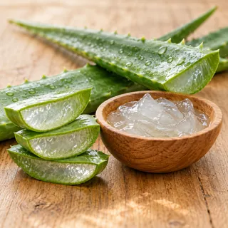 Fresh aloe vera leaves cut open showing the clear gel