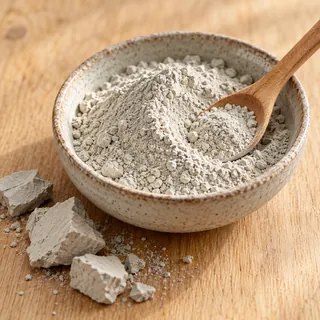 Dry bentonite clay powder in a ceramic dish