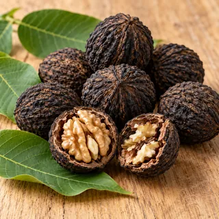 Dried black walnuts in dark shells, two cracked open, with green walnut leaves on a wooden table