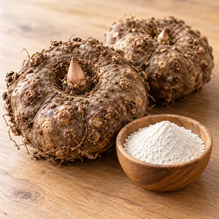 Konjac root and glucomannan powder on a wooden board