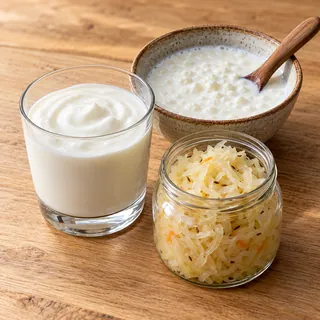 Glass of plain yogurt and a spoon, a natural source of Lactobacillus acidophilus