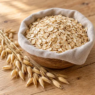 Rolled oat flakes in a linen-lined wooden bowl with oat stalks on a wooden table