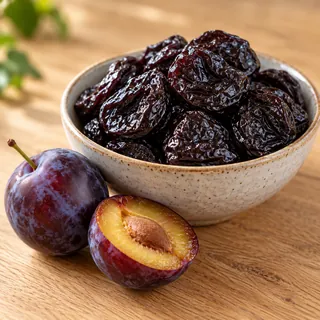 Dried prunes in a small bowl next to fresh plums