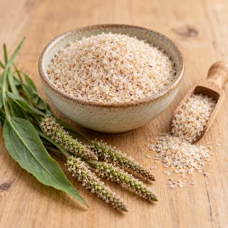 Psyllium husk flakes in a ceramic bowl with a wooden scoop and psyllium plant stalks