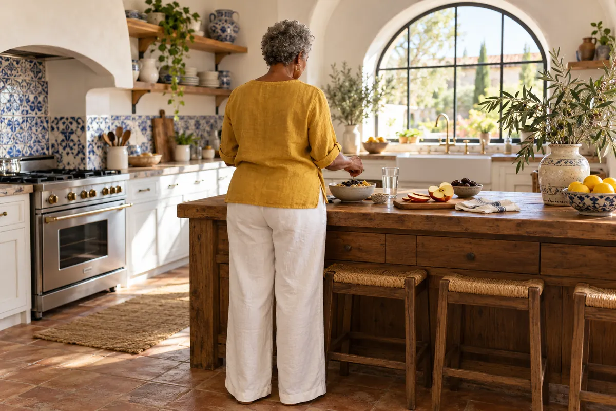 Woman seen from behind at a rustic wooden kitchen island preparing oatmeal with prunes and sliced apple, a glass of water beside it, morning light