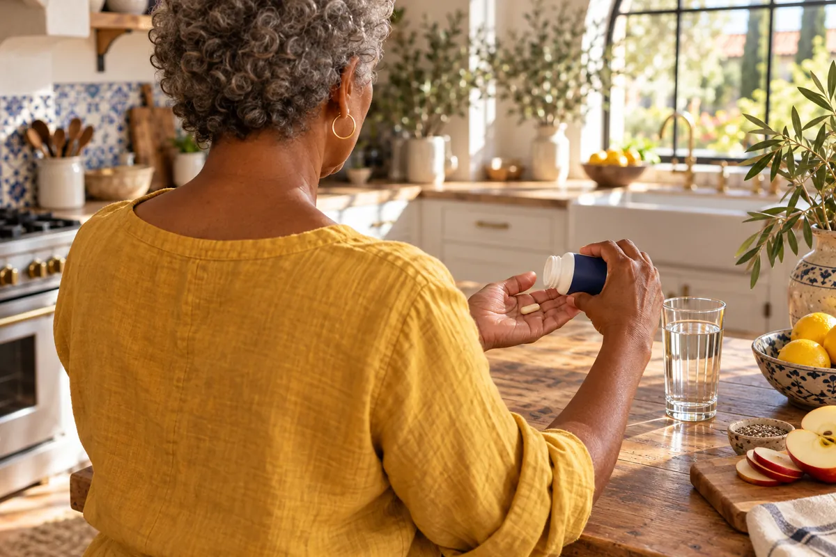 Woman seen from behind at a kitchen counter tipping a capsule into the palm of her hand, a tall glass of water beside it