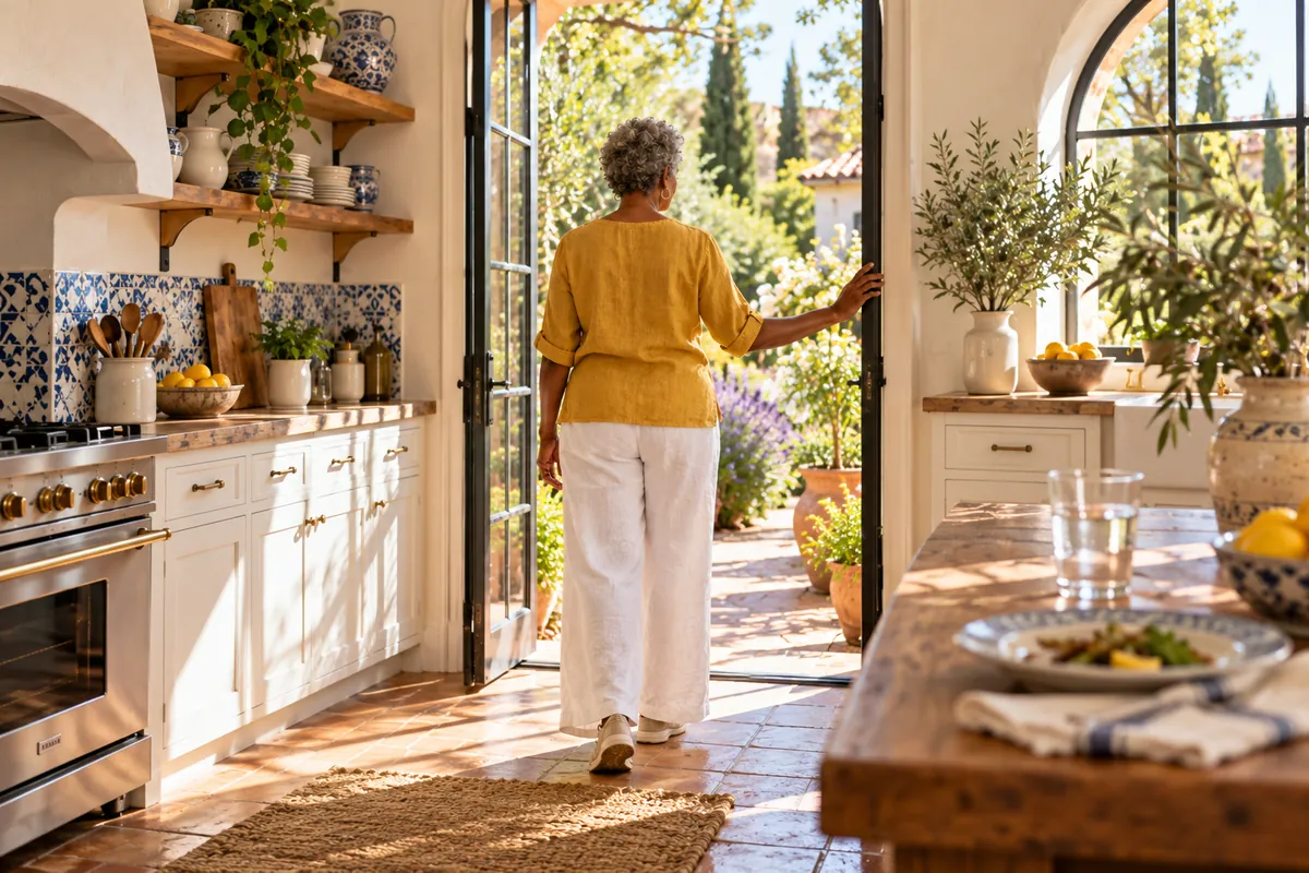 Woman seen from behind stepping out the kitchen door to a sunny garden for a walk after lunch, finished lunch plate on the island