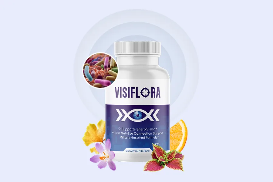 VisiFlora bottle of 30 capsules shown with some of its listed botanicals: ginkgo, saffron flower, coleus and orange
